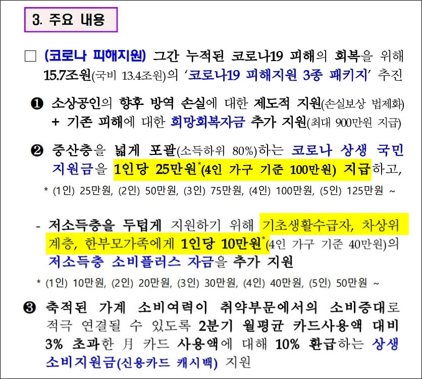 추경예산안에서 재난지원금 내용