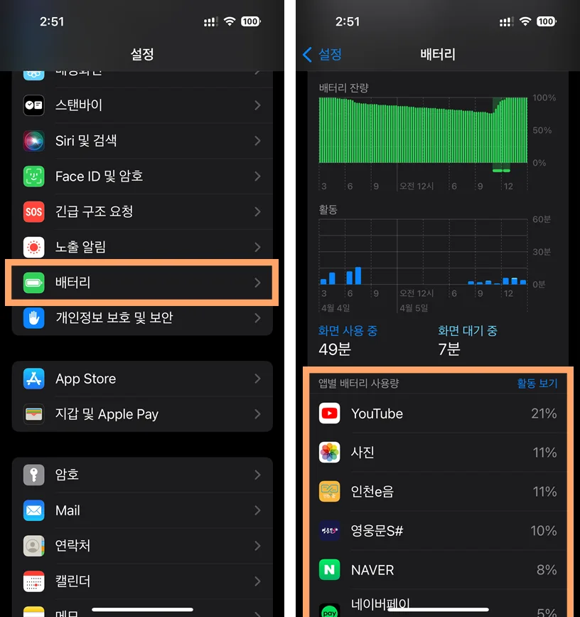 아이폰에서 배터리 사용 내역 확인하는 모습