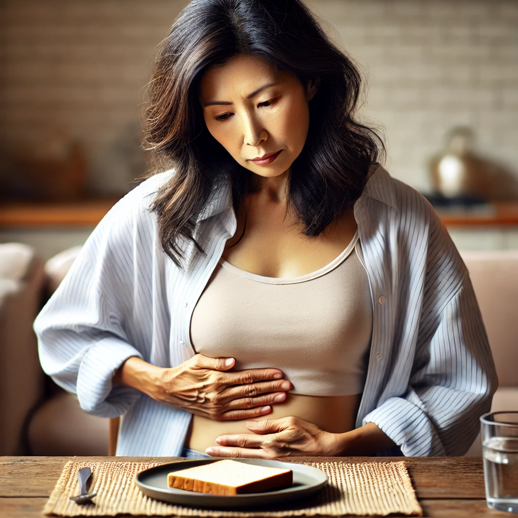 다이어트 중 빵을 먹을지 말지 고민 중인 사람 사잔