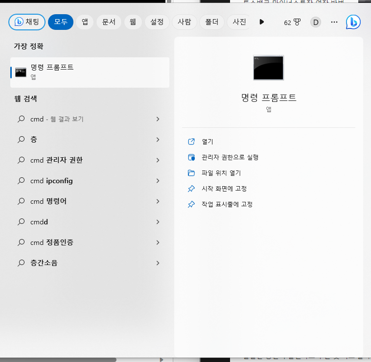 윈도우11-명령프롬프트-검색화면