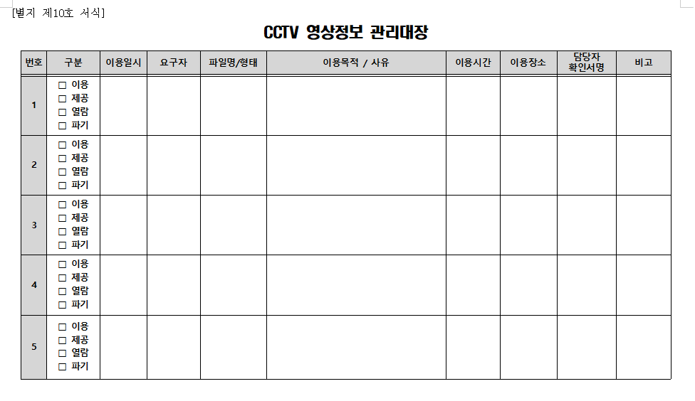 CCTV 관리대장 내부관리계획서 영상물요청서 영상자료결정통지서 / 어린이집 지도점검 필수서류 아동학대 예방
