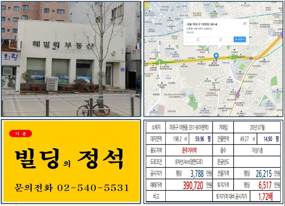  [마포구 아현뉴타운 30억 꼬마빌딩 실거래가 조회] 아현동 331-8 (아현역) 39억 720만 원, 평당 6,517만 원 매매되었습니다. 마포