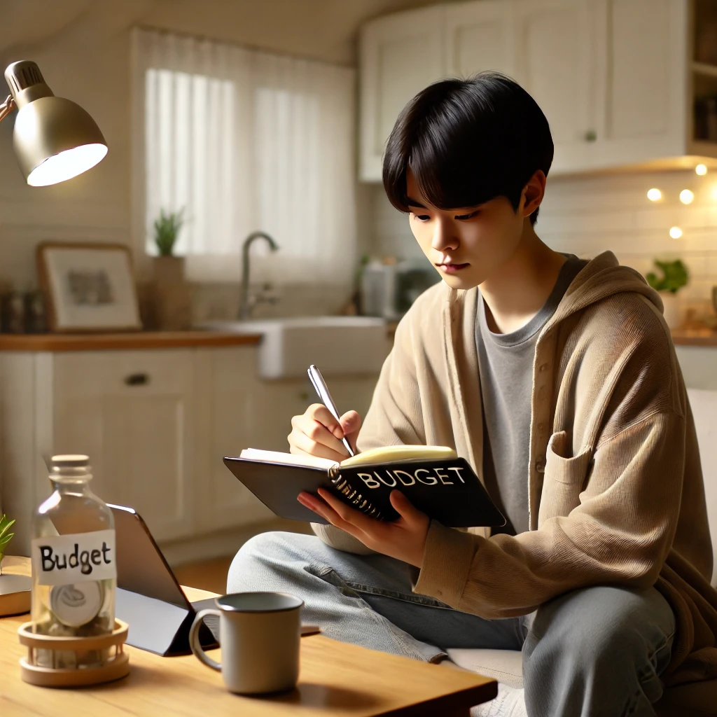 자취생이 예산 노트를 쓰거나 가계부 앱을 보고 있는 모습
