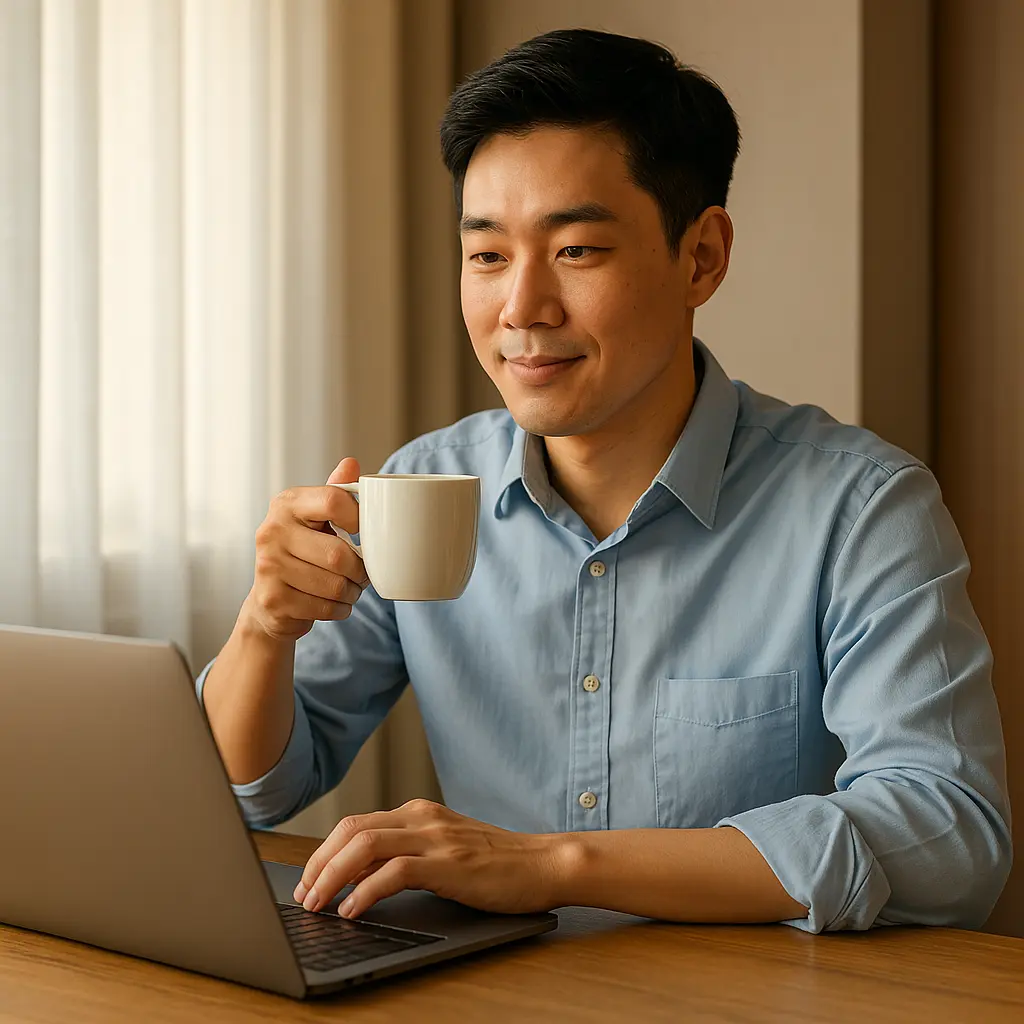 노트북을 켜고 커피를 마시며 하루를 설계하는 사람의 아침 루틴 이미지