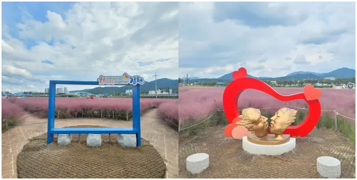 핑크뮬리와 같이 찍을 수 있게 서식지 안에 조형물이 있는 사진입니다.