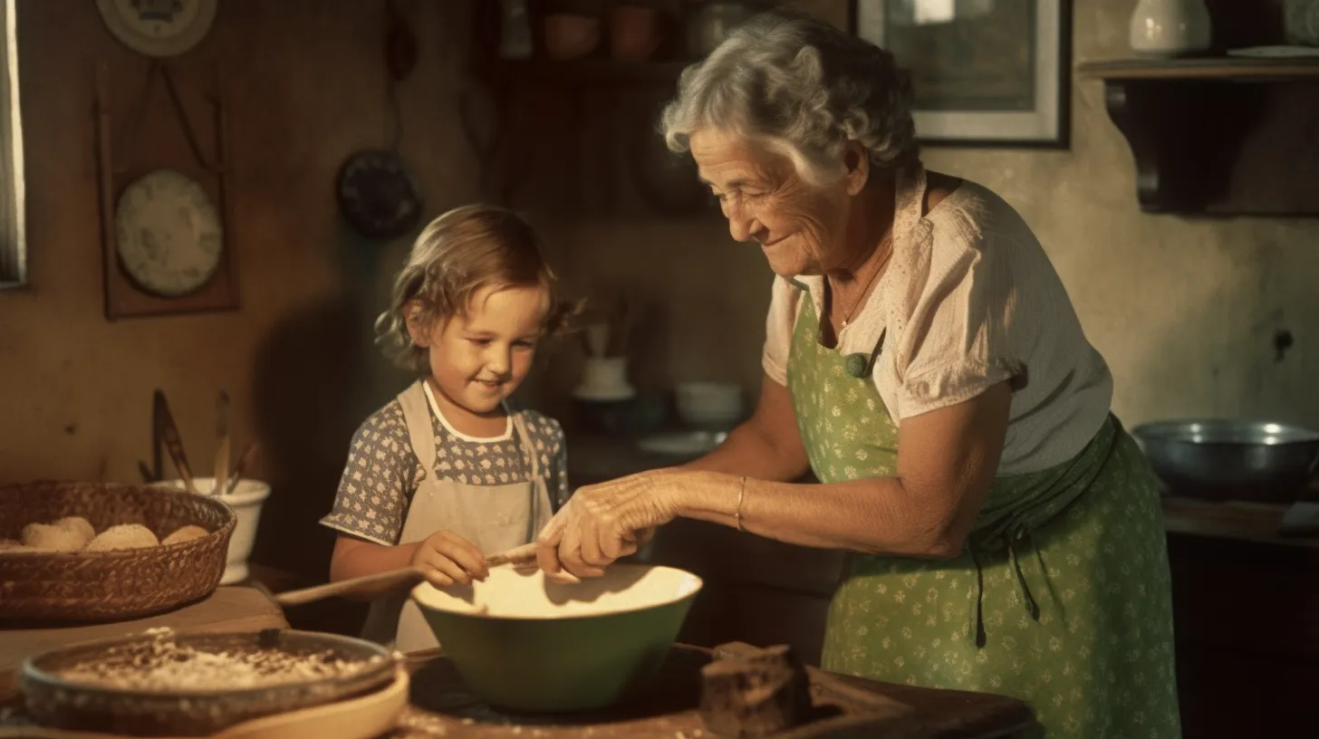 A grandma making Dalgona with her grandchild in a cozy kitchen.