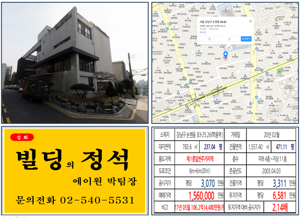  [강남구 학동역 건설회관 코너빌딩 실거래가 조회] 논현동 83-25 (학동역) 156억 원, 평당 6,581만 원, 세관사거리 사옥용 코너빌딩, 학동역세권 코너빌딩