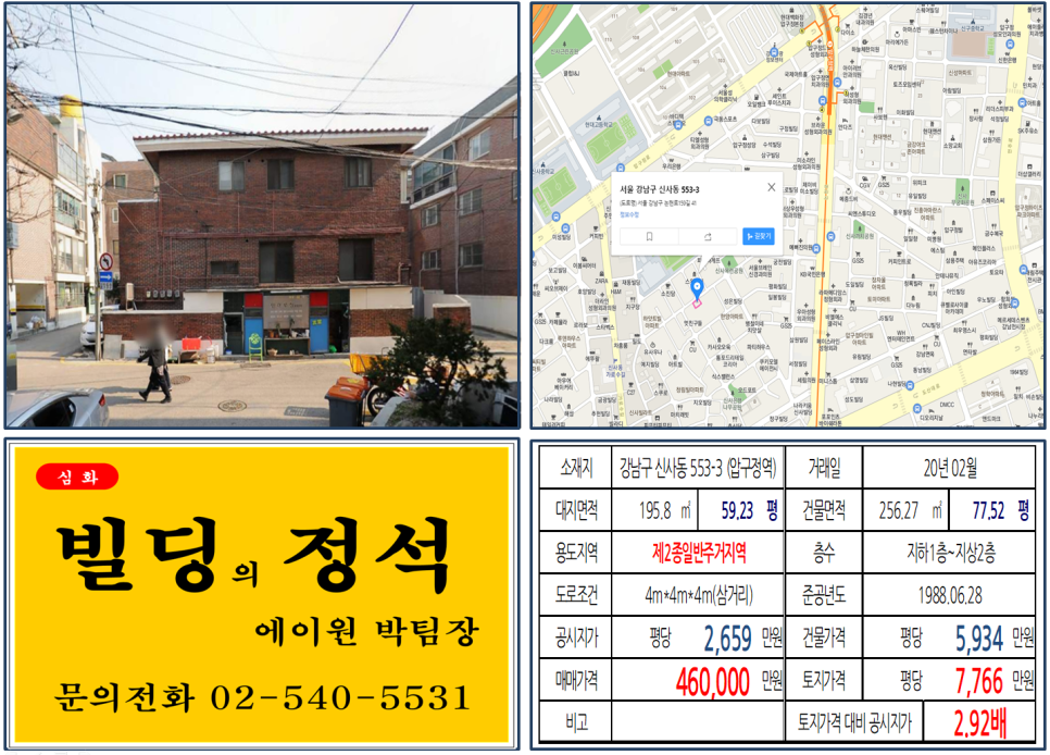  [강남구 가로수길 40억 꼬마빌딩 실거래가 조회] 신사동 553-3 (압구정역) 46억 원, 평당 7,766만 원, 압구정동 성형외과거리, 신구
