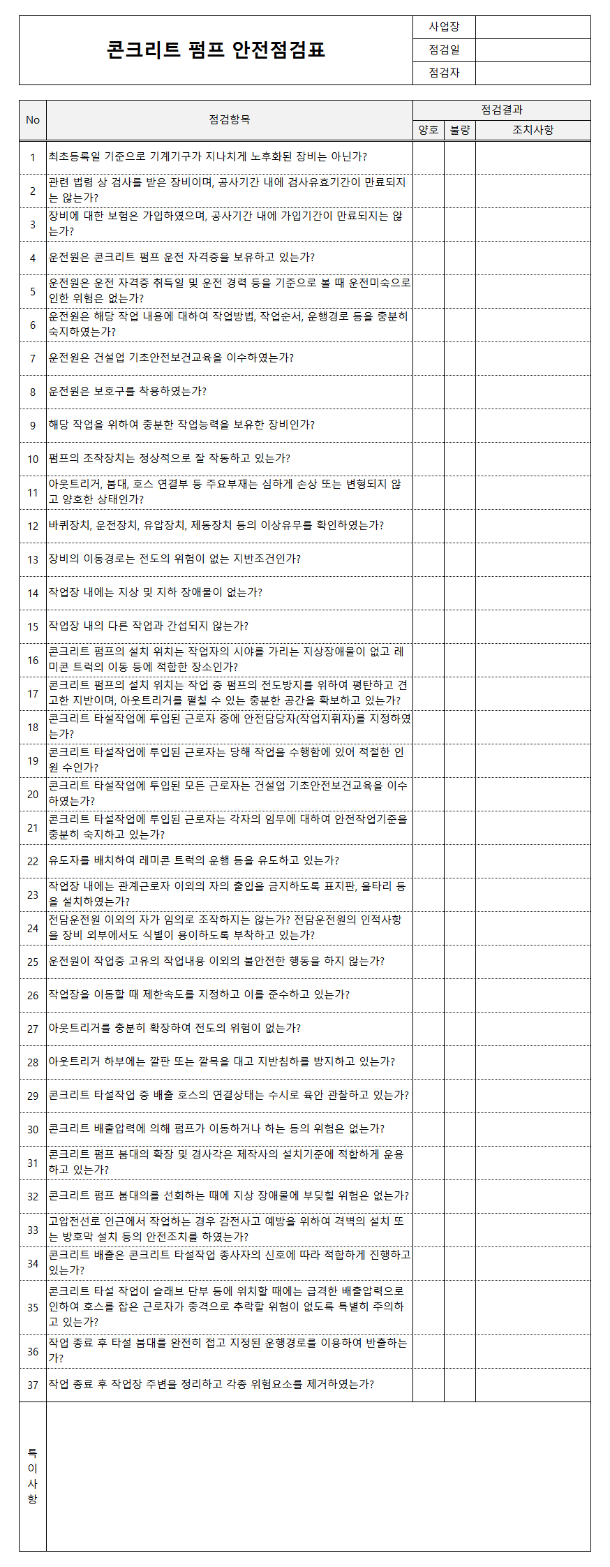 콘크리트 펌프 안전점검표