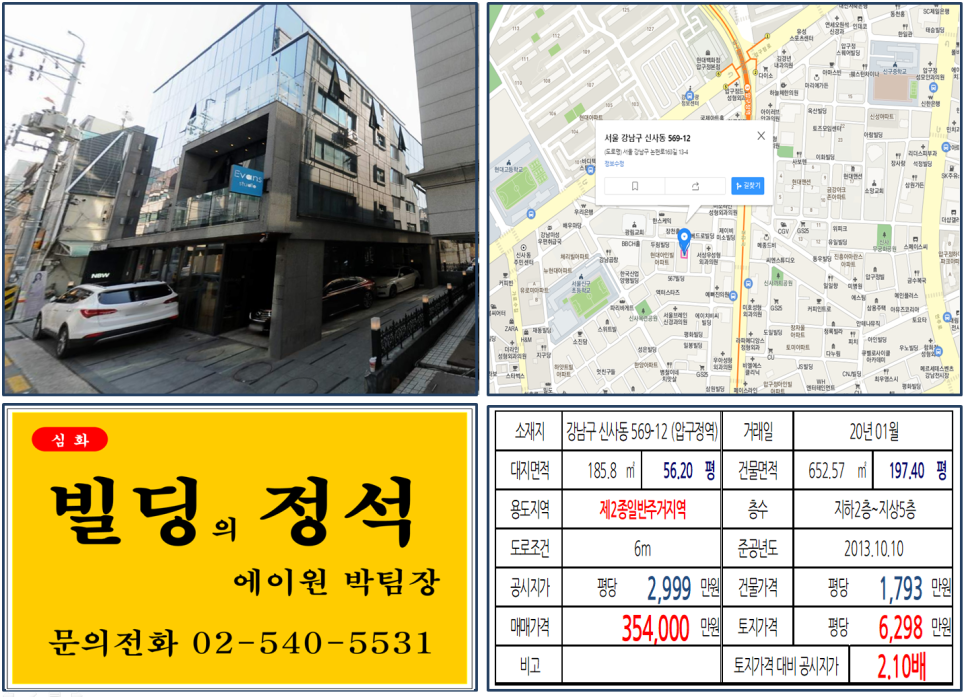  [강남구 압구정 성형외과거리 30억 꼬마빌딩 실거래가 조회] 신사동 569-12 (압구정역) 35.4억 원, 평당 6,298만 원, 신사동 가로