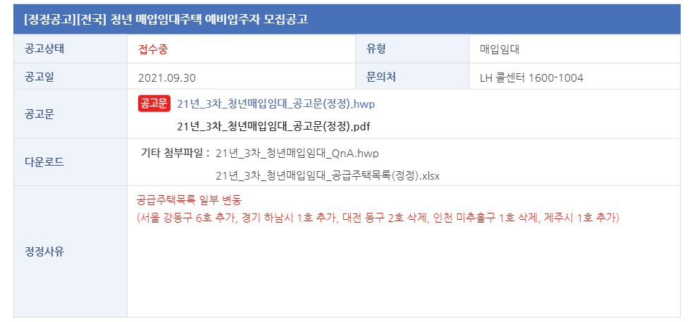  21년 3차 청년 매입임대주택 예비입주자 모집