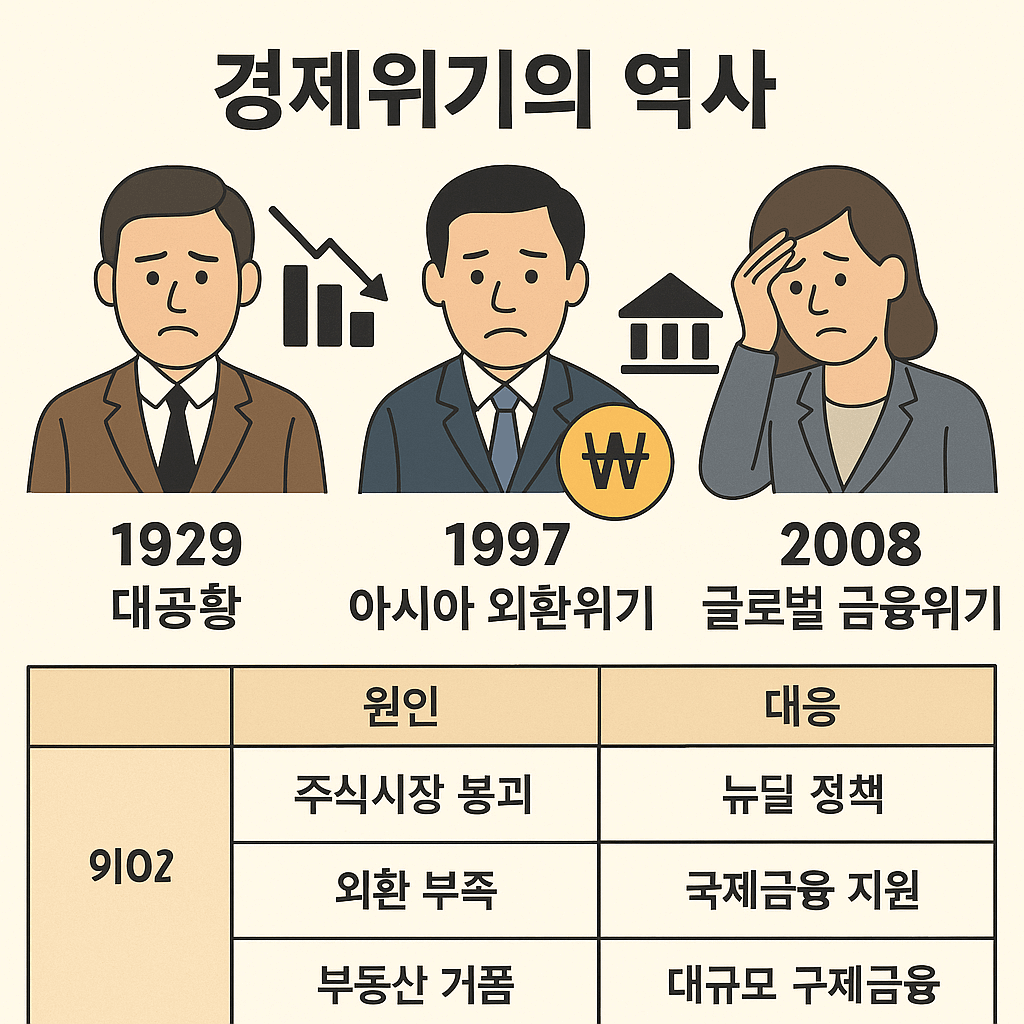 경제위기의 역사 인포그래픽. 1929 대공황, 1997 아시아 외환위기, 2008 글로벌 금융위기를 인물과 아이콘으로 표현함