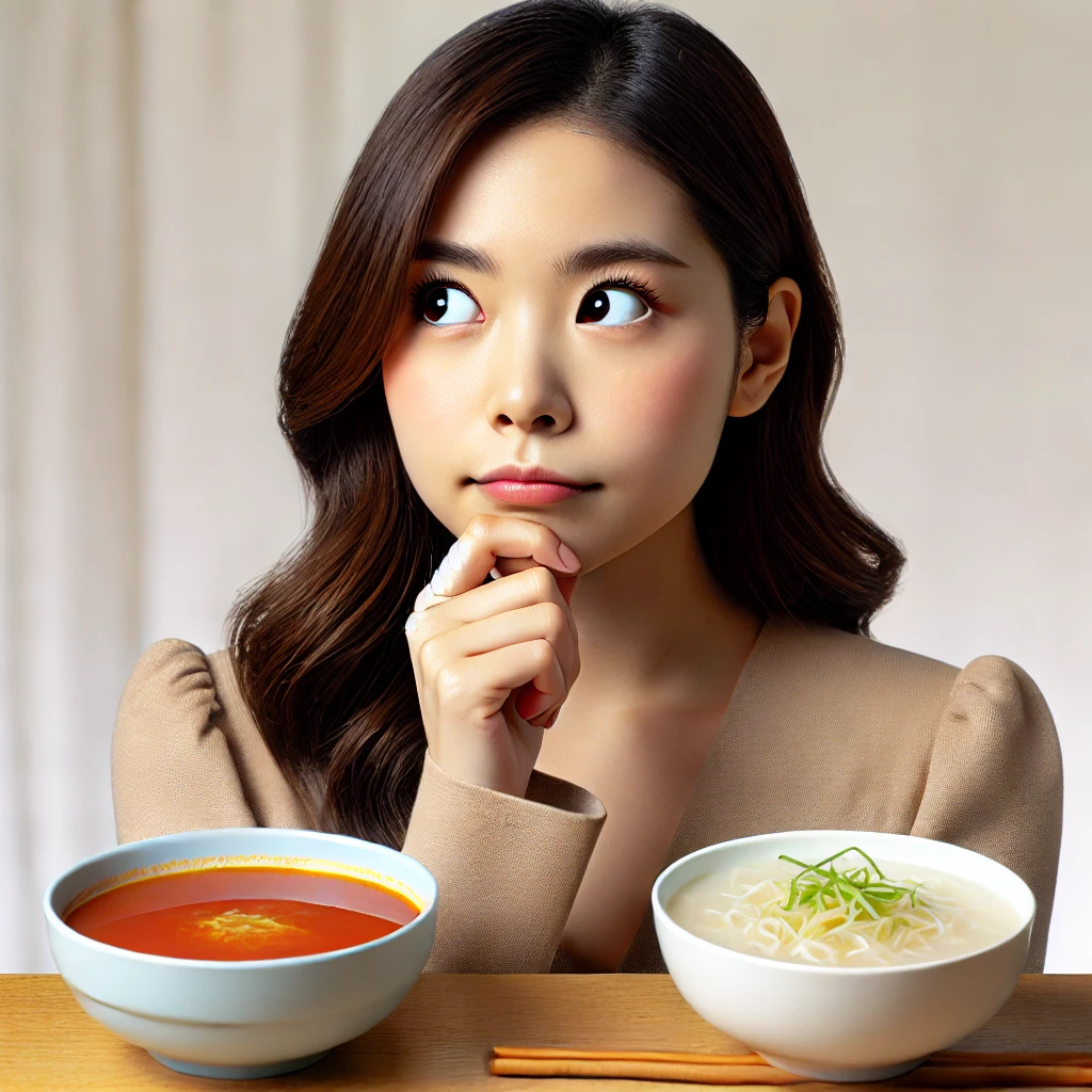 다이어트 중 마라탕과 떡국을 먹는 사람 사진