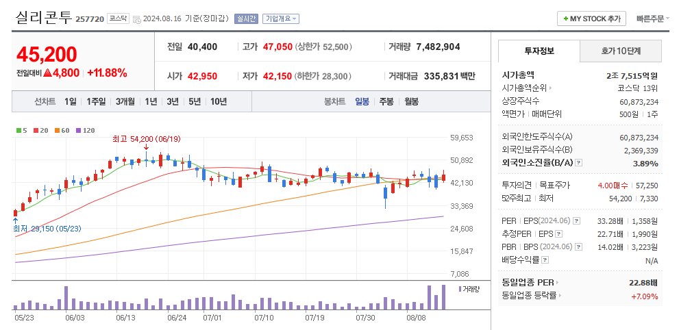 실리콘투 일봉차트