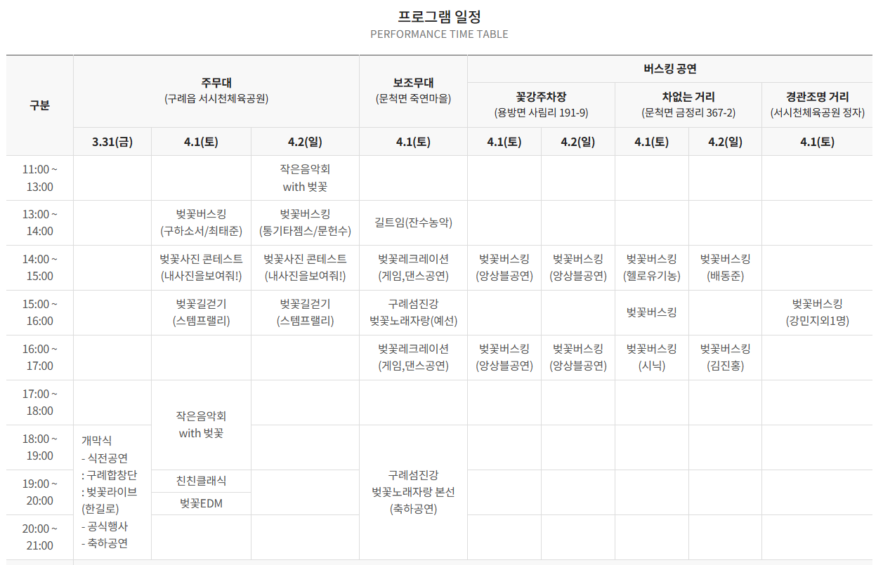 2023 구례 벚꽃축제 행사 프로그램 표