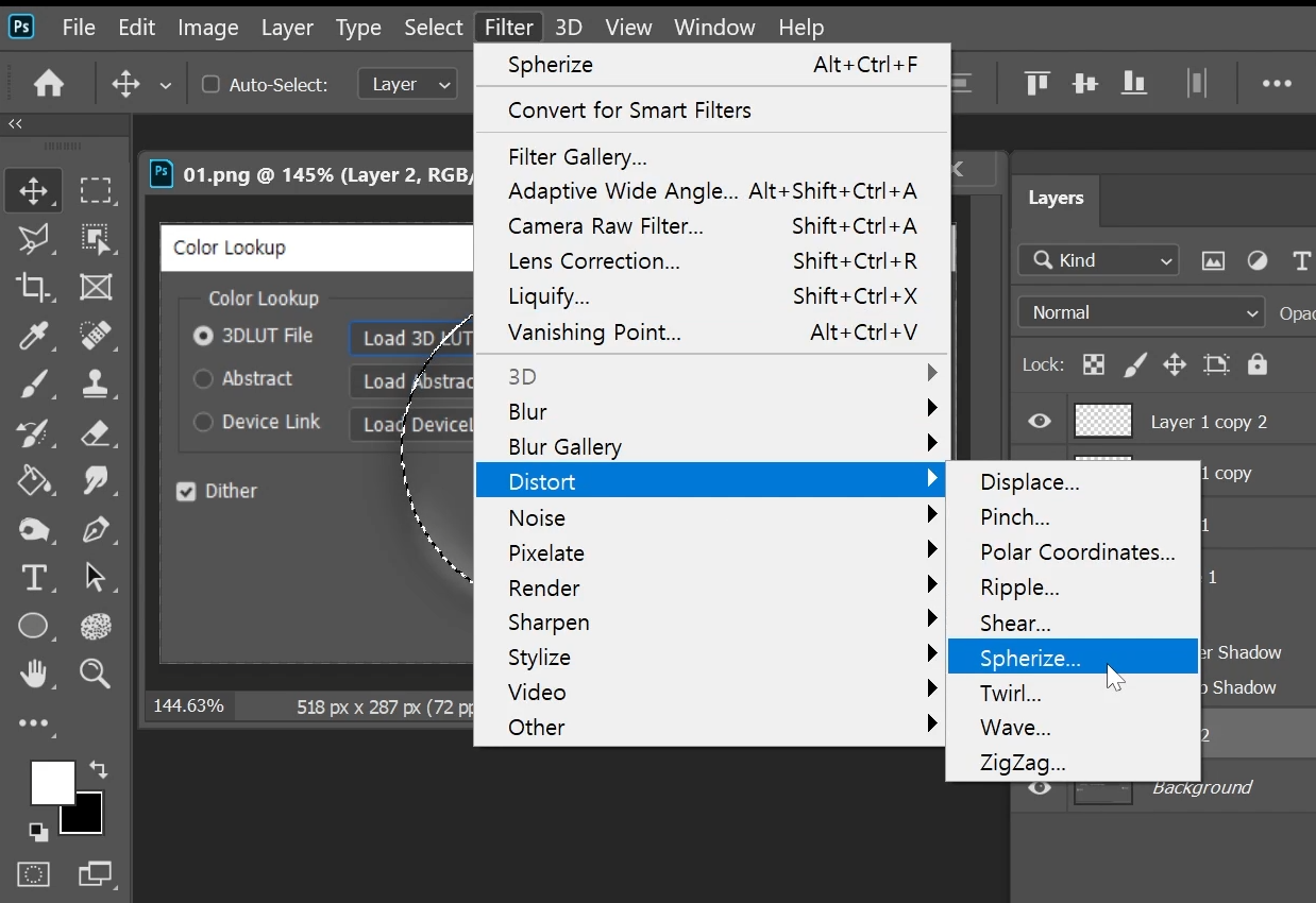 Filter > Distort > Spherize