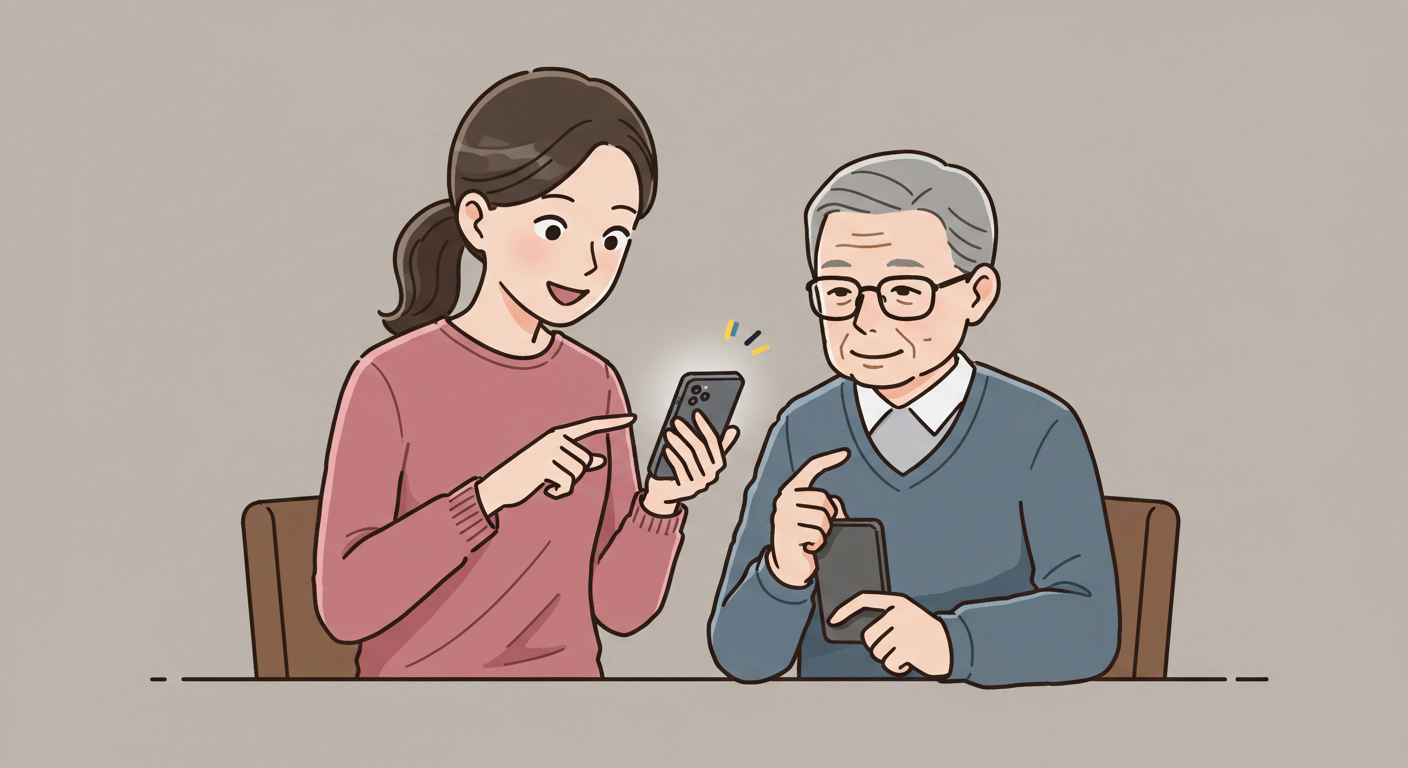 아버지에게 스마트폰 사용법을 알려주는 젊은 여성
