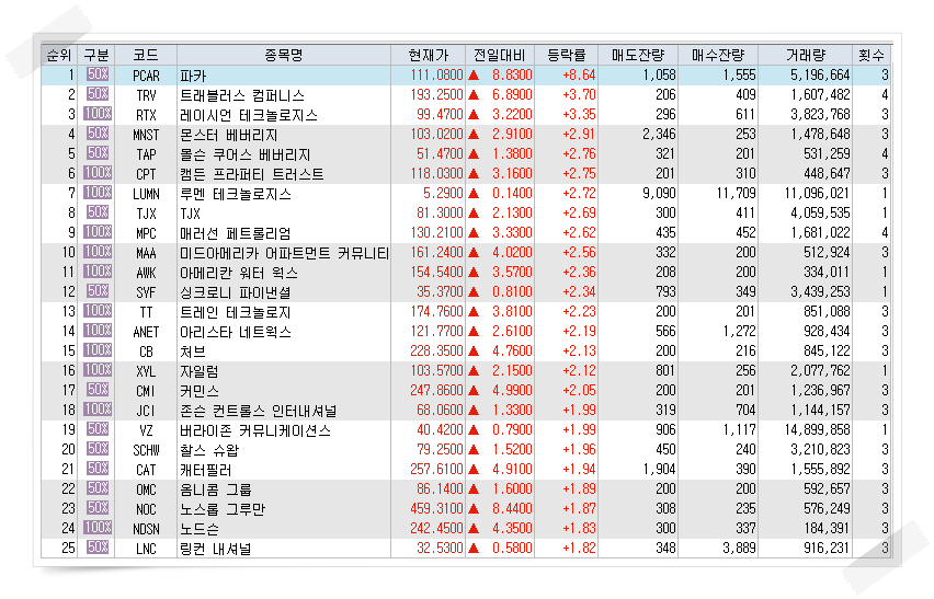  1월24일 미국주식 S&P500 상승률 상위 종목 TOP 100