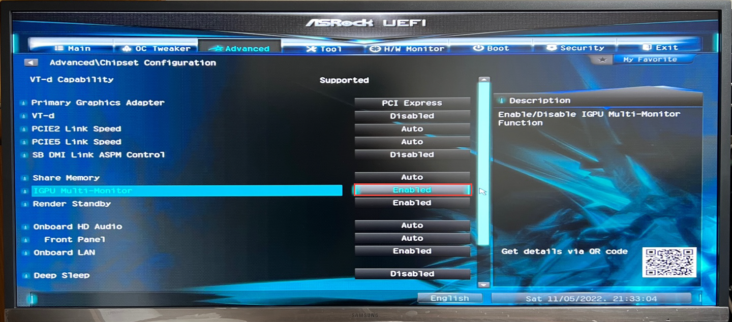 IGPU Multi-Monitor 항목을 Enabled 변경