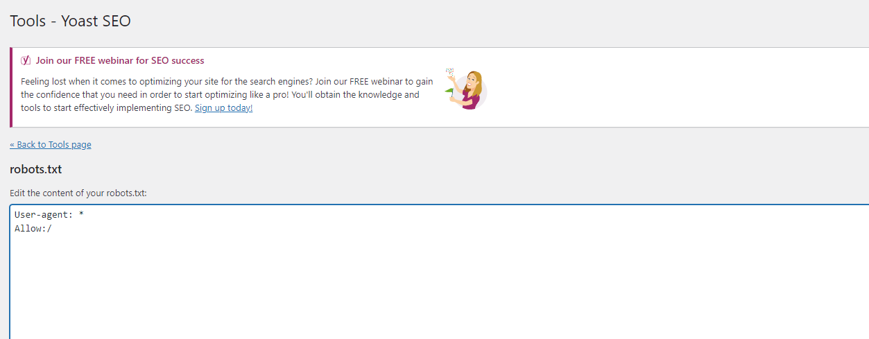 Yoast SEO - robots.txt 수정 화면