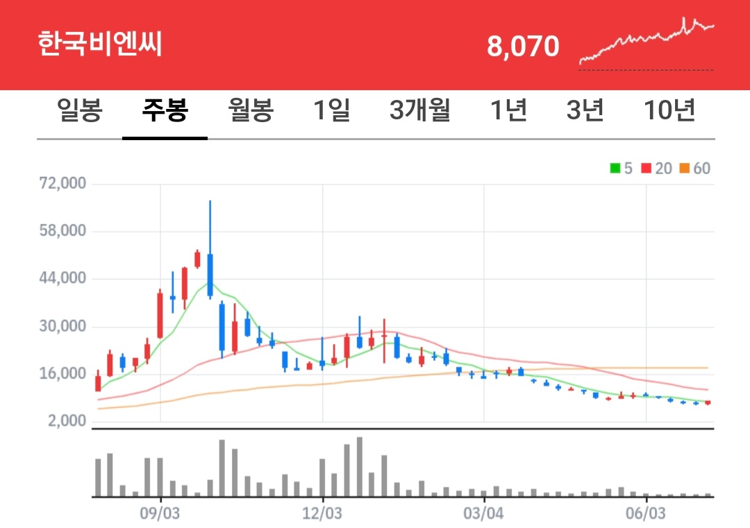 한국비엔씨 주식 차트