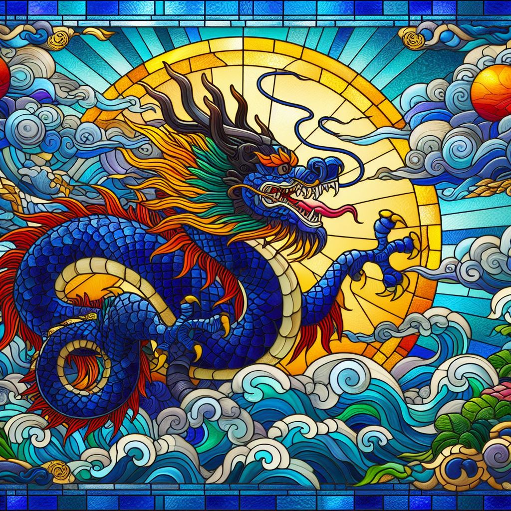 A blue dragon in a stained glass art
