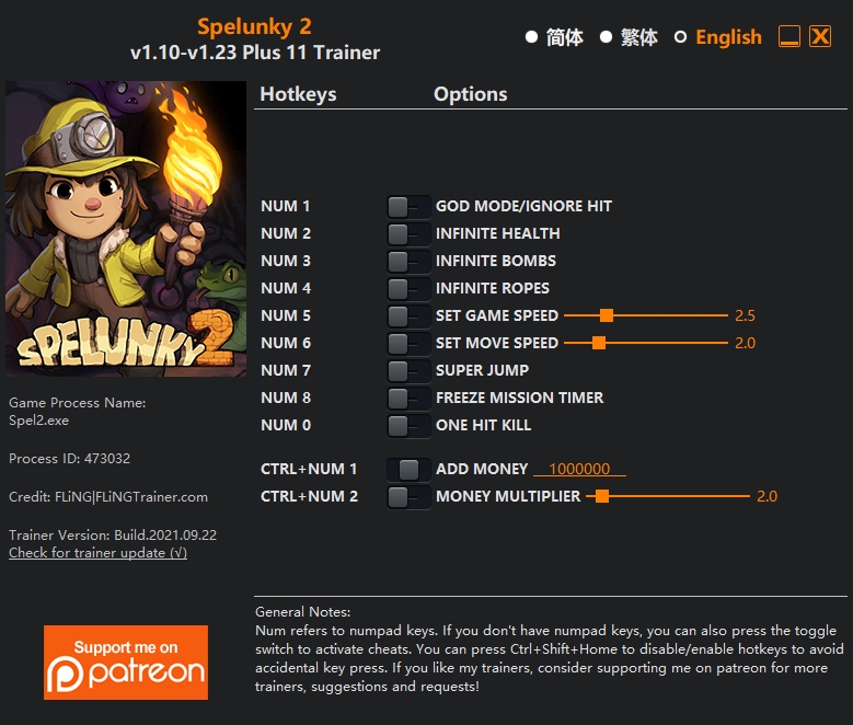  [트레이너] 한글판 스펠렁키2 최신 영문판 Spelunky 2 v1.10-v1.23 Plus 11 Trainer