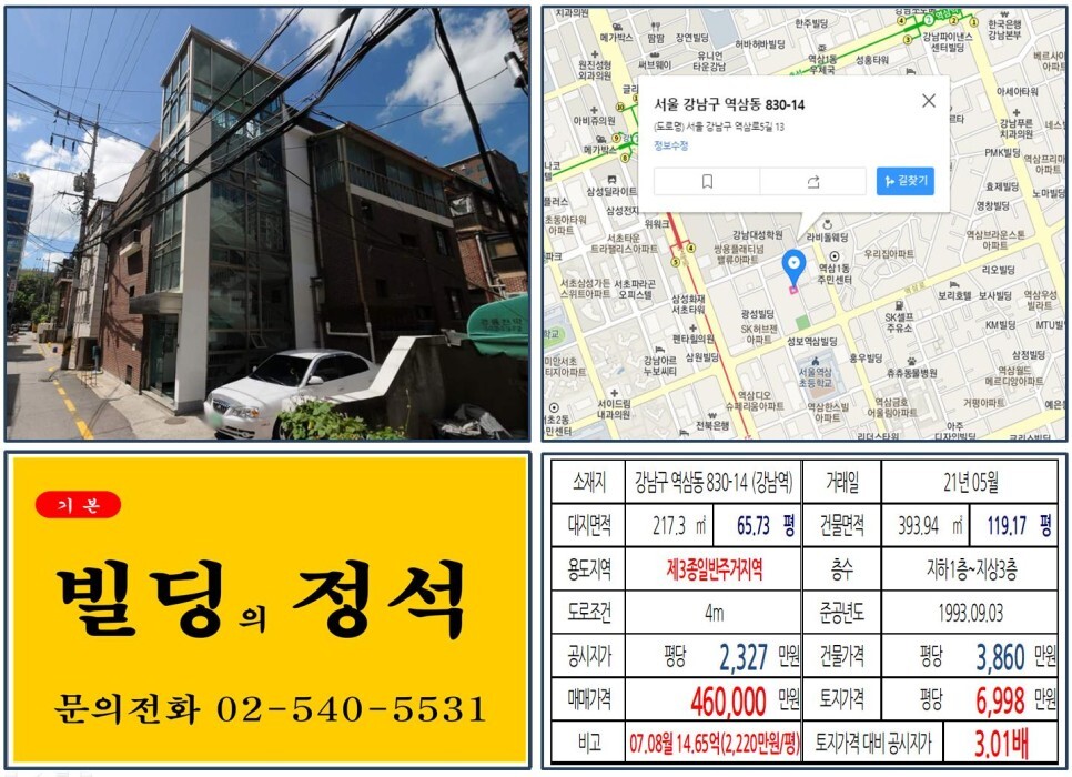  [강남구 강남대로 40억 꼬마빌딩 실거래가 조회] 역삼동 830-14 (강남역) 46억 원, 평당 6,998만 원 매매되었습니다. 서초그랑자이, 롯데칠성부지 복합개발