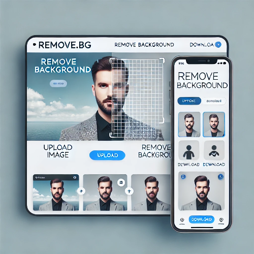 배경제거 프로그램 remove.bg 웹사이트를 표현하는 창의적인 남자 사진 화면