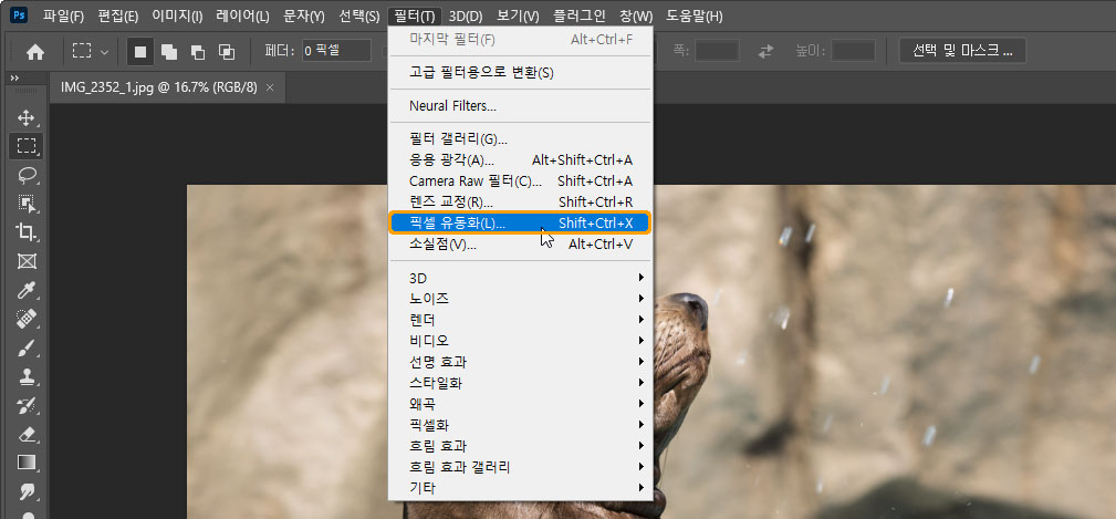 픽셀 유동화 실행 메뉴