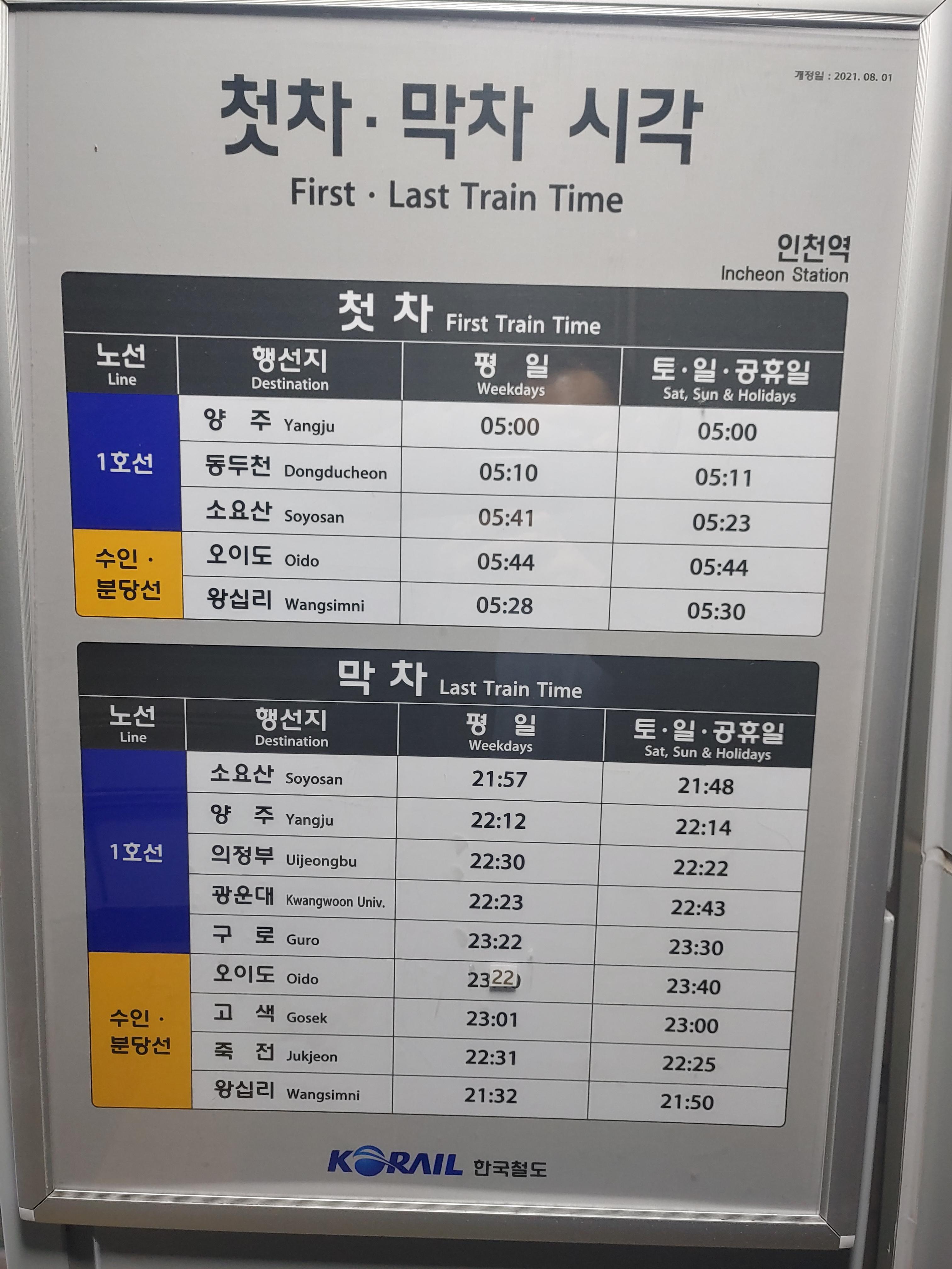  인천역 1호선 수인분당선 첫차 막자 시간표