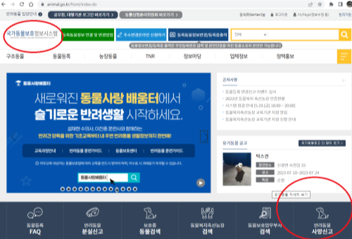 국가동물보호정보시스템 메인화면