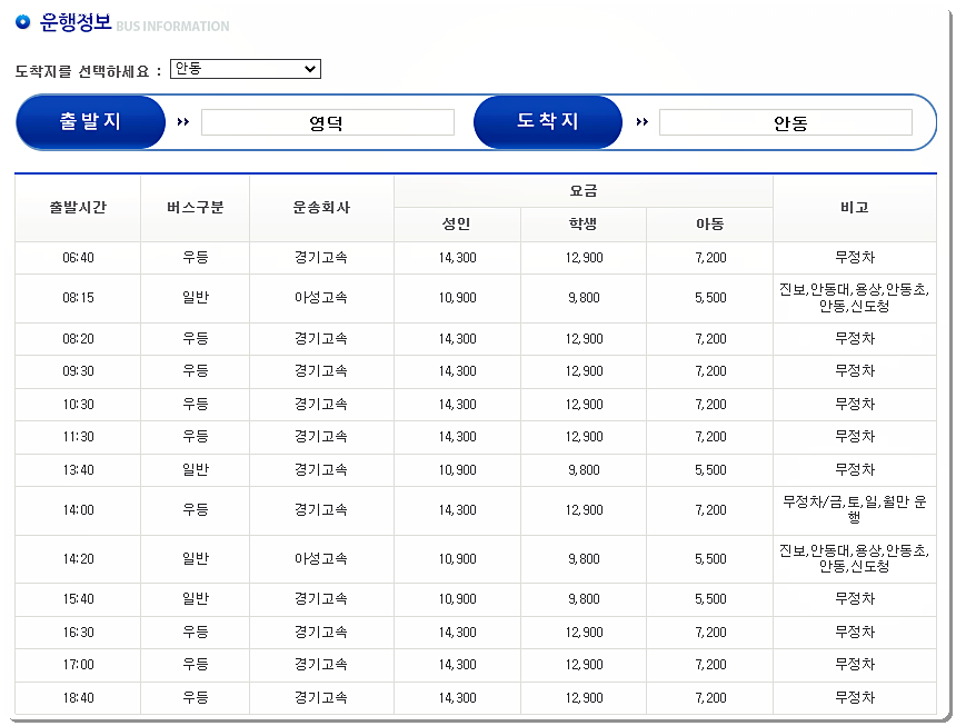 영덕 시외버스터미널 시간표 및 요금표 안동