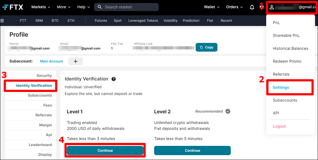 이메일 주소 클릭 후 Setting를 누르고 Identity Verification 버튼을 눌러 Level 1 밑에 있는 Continue를 클릭할 수 있도록 안내하는 사진