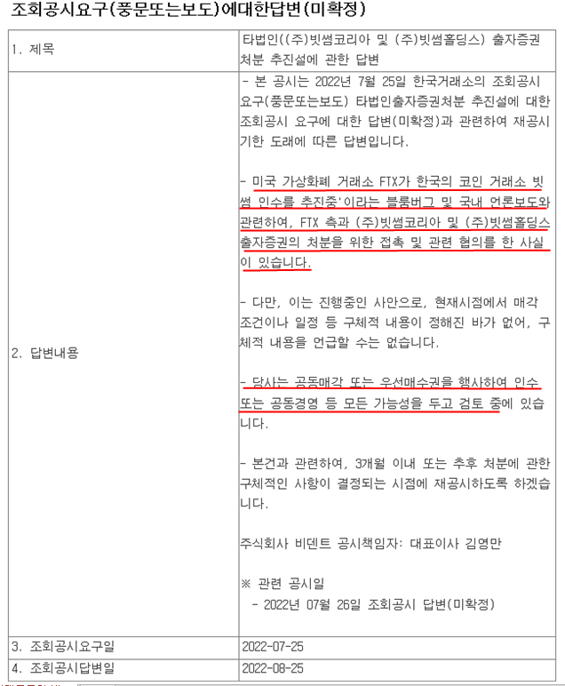 미국가상화폐거래소 FTX가 빗썸 인수를 추진한다는 풍문에 대한 비덴트의 답변으로&#44; 비덴트와 FTX간의 접촉 및 협의 사실이 있으나 모든 가능성을 두고 검토 중으로 아직은 미확정이라는 내용입니다.