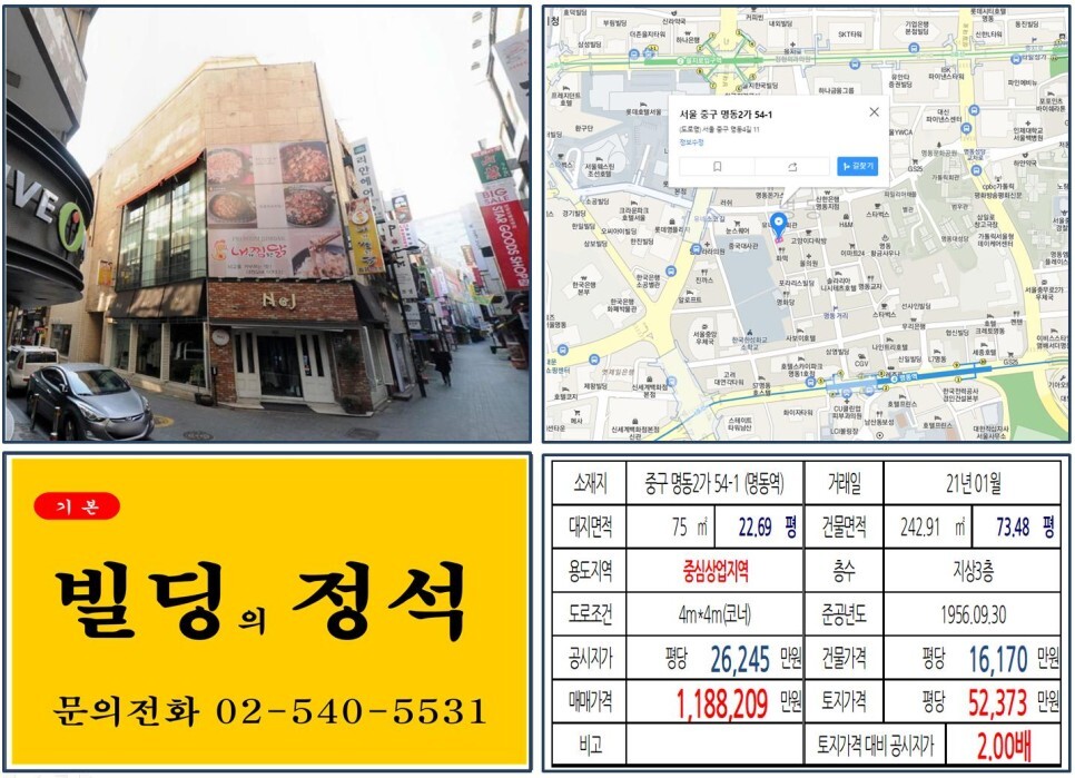  [중구 유네스코거리 100억 꼬마빌딩 실거래가 조회] 명동2가 54-1 (명동역) 118억 8,209만 원, 평당 5억 2,373만 원 매매되었습니다. 명동성당, 명동예술극장