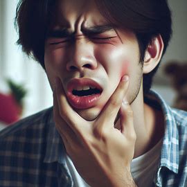 한 남성이 입술이 아파서 건들지도 못하고 손가락으로 입술 주변을 만지고 있다.