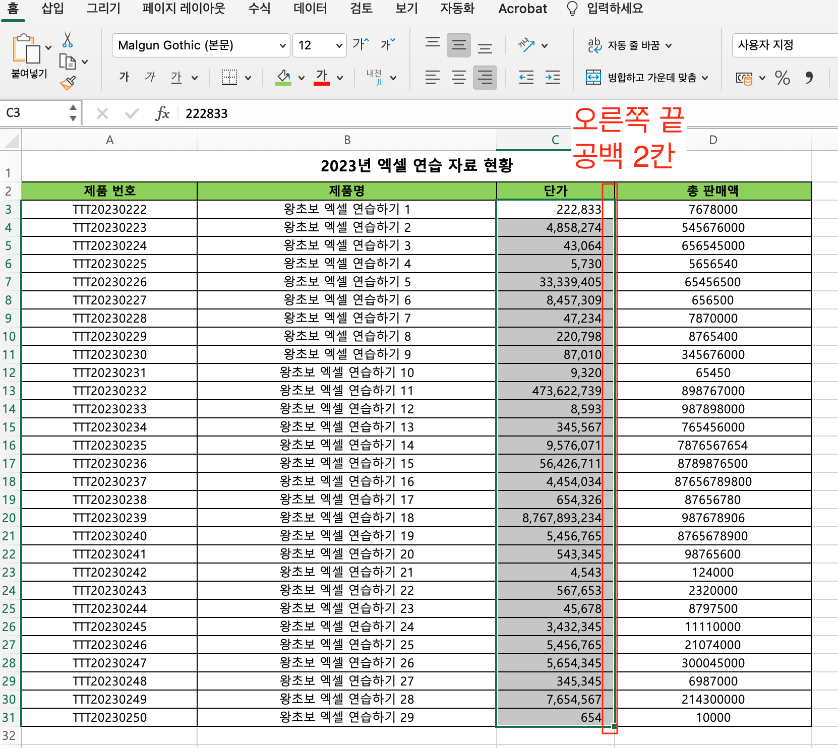 셀 서식 , 사용자 지정에서 2칸 설정 적용 확인