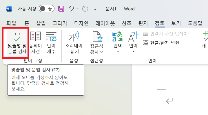 워드 맞춤법 및 문법검사