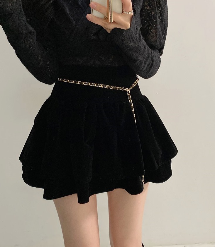 체인 볼륨 벨벳 스커트 치마바지