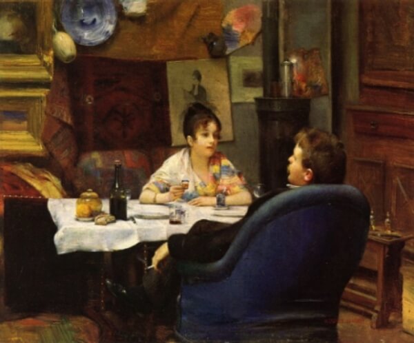 &#39;스튜디오에서의 점심식사&#39; 그림. 피곤한 듯한 남자의 모습을 테이블 맞은편에 있는 여자가 미소 지으며 바라보고 있는 그림.