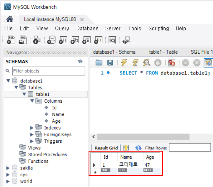 코더제로 데이터베이스 MySQL Workbench Result Grid