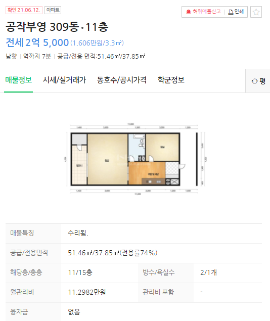 네이버 부동산에 올라온 평촌 공작부영 아파트 전세매물