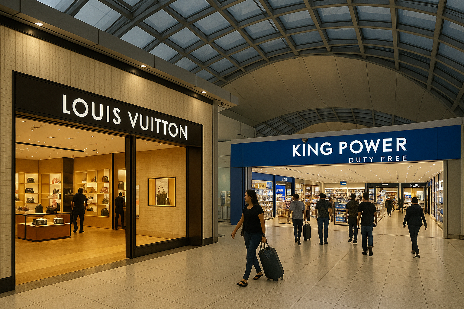 수완나품 공항 내부 면세점 루이비통 매장 외관, King Power 면세점 전경