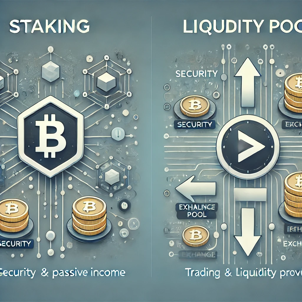 스테이킹과 유동성 풀의 차이점을 설명하는 두 번째 인포그래픽. 스테이킹은 보안과 수동 소득을 강조하고&amp;#44; 유동성 풀은 거래와 유동성 제공을 강조함.