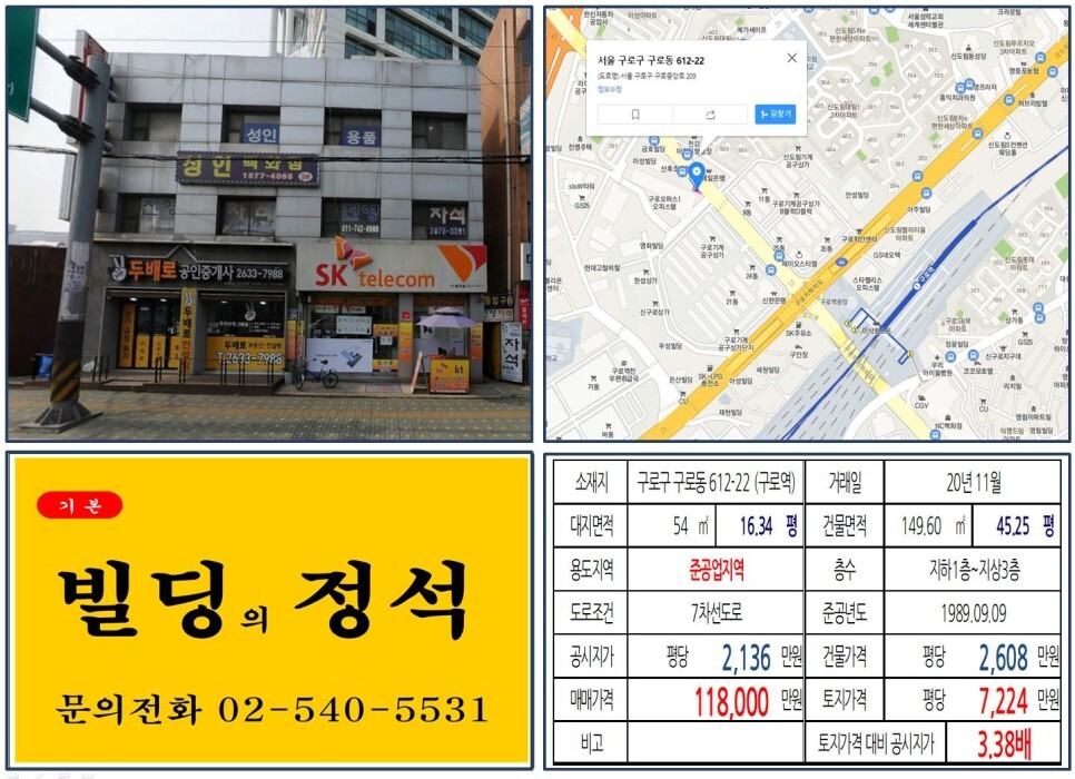  [구로구 구로기계상가 10억 올근생 꼬마빌딩 실거래가 조회] 구로동 612-22 (구로역) 11억 8,000만 원, 평당 7,224만 원 매매되