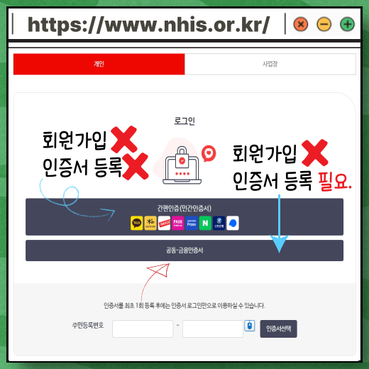 국민건강보험-홈페이지-간편인증-공동인증서-로그인-방법-선택-화면