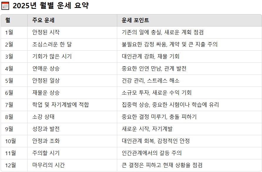 2025년 월별 운세 요약