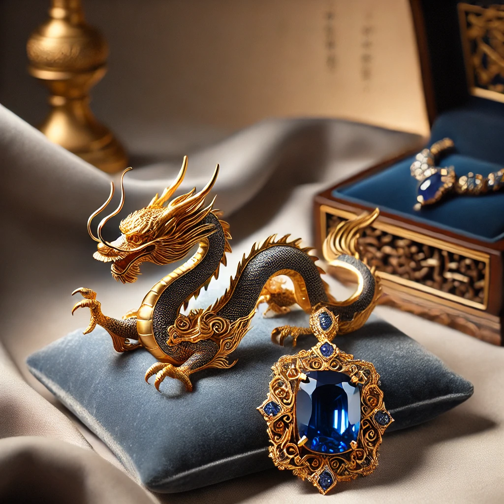 DALL·E 2024-11-26 23.16.26 - A refined and artistic arrangement featuring a dragon-shaped ornament with intricate golden details, paired with a blue sapphire necklace elegantly dr.webp