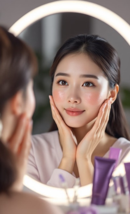 거울 앞에서 화장하는 여성